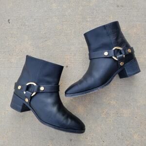 Stuart Weitzman Expert Leather Harness Boots Black Gold Womens 7